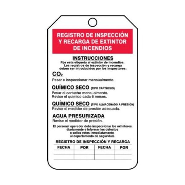 Accuform Spanish Safety Tags, FIRE EXTINGUISHER RECHARGE & INSPECTION RECORD, 5.75inx3.25in, 5PK SHMGT208LTM - main